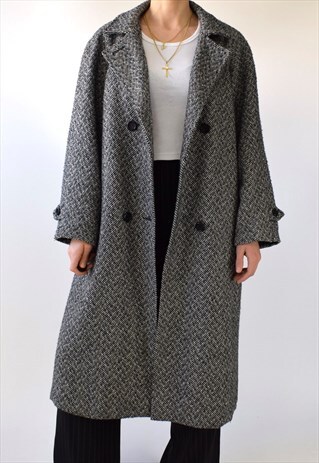 VINTAGE 80S TAILORED WOOL TWEED LONG GREY COAT