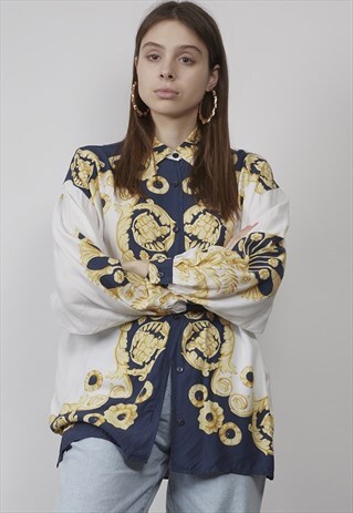 VINTAGE 80'S WHITE SCARF PRINT DETAIL SHIRT