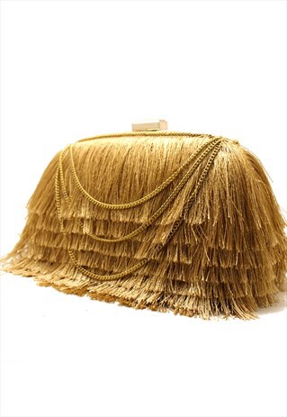 BEIGE LAYERED FRINGE EVENING CLUTCH BAG