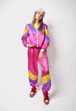80s style tracksuit set pink multi colour block Old School