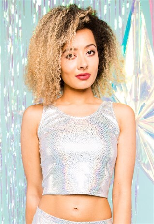 HANDMADE SILVER HOLOGRAPHIC SNAKESKIN FESTIVAL CROP TOP