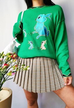 Vintage 80s cute rabbit print green oversize Moms sweater