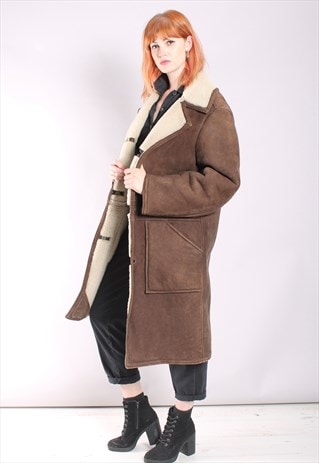 VINTAGE 80S BROWN SUEDE SHEEPSKIN SHEARLING LONG COAT