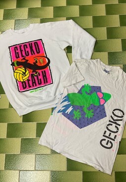 Two Vintage Gecko Beach Hawaii 90s Sweatshirt & Vtg 80s Tee