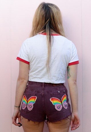 RAINBOW BUTTERFLY HAND PAINTED RE WORKED DENIM SHORTS