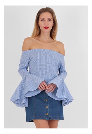 GINGHAM OFF SHOULDER PEPLUM BLOUSE IN BLUE