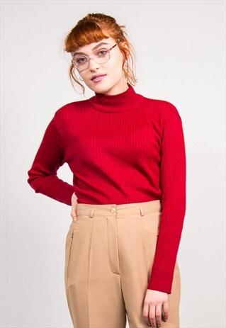 VINTAGE 90'S RED RIBBED TURTLE NECK KNIT TOP