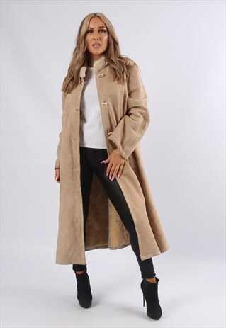 VINTAGE SHEEPSKIN SUEDE SHEARLING COAT LONG UK 16 XL (J8BQ)