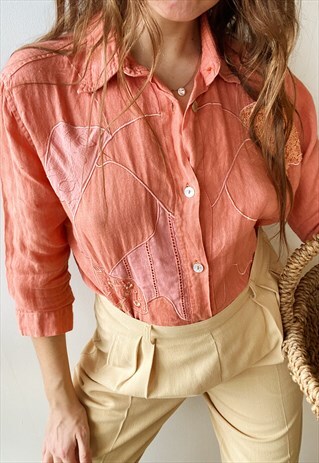 VINTAGE 90S PEACHY EMBROIDERED LINEN MINIMALIST BLOUSE TOP
