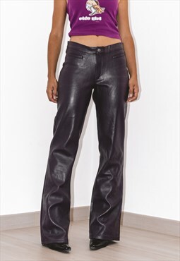 Y2k Vegan Faux Leather Flared Pants in Purple