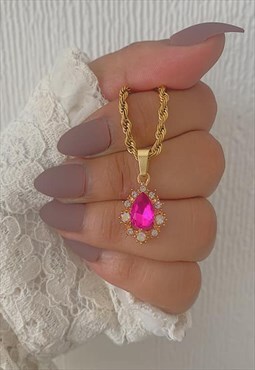HEIRESS. Pink Teardrop Crystal Pendant Gold Rope Necklace