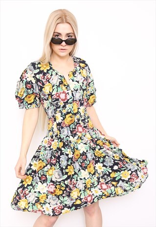 VINTAGE 80S MULTICOLOURED FLORAL PRINT DRESS