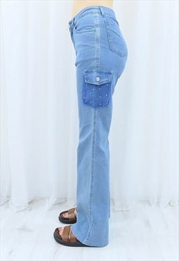 90s Vintage Blue Pocket Diamante Mid-Rise Jeans (Size M)