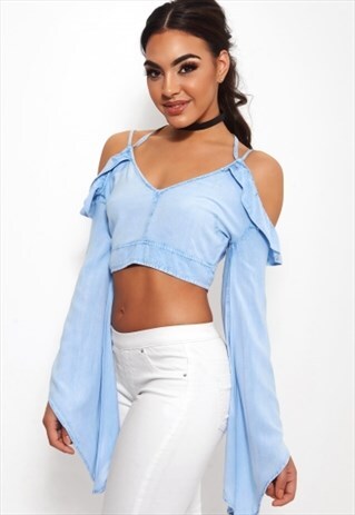 FIJI CHAMBRAY COLD SHOULDER CROSS STRAP TOP