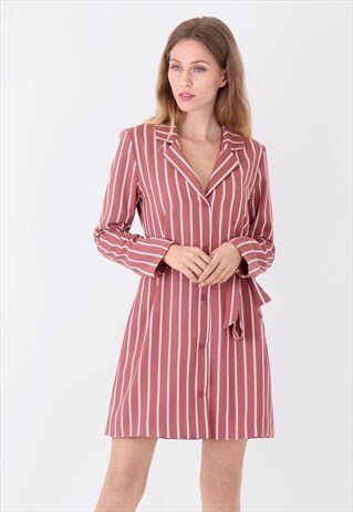 PINK COLLARED STRIPE BUTTON DOWN BELTED MINI BLAZER DRESS