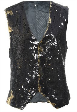 Vintage Sequined Black & Gold Waistcoat - M