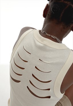 Y2K Crop Tank Top With Cut Outs And Asymmetric Hem In Cream