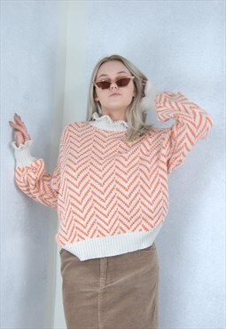 Vintage Y2K Cream Orange Abstract Crochet Jumper Sweater 