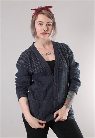 VINTAGE 80S RIBBED TEXTURED PATTERNED KNIT CARDIGAN