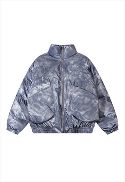 Shiny rubbery bomber tie-dye puffer metallic jacket in blue