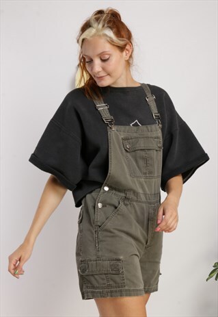 VINTAGE DENIM DUNGAREE CARGO SHORTS GREEN/KHAKI Z475