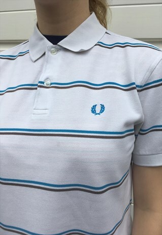 WOMENS VINTAGE 90S FRED PERRY POLO SHIRT WHITE BLUE STRIPY