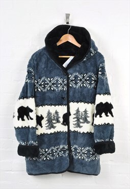 Vintage Hooded Fleece Jacket Bear Print Blue Ladies Large