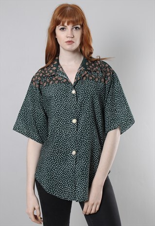 VINTAGE 80S GREEN PATTERNED SHIRT BLOUSE TOP