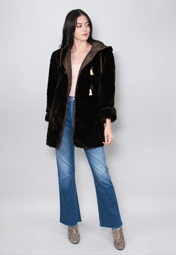 70's Ladies Vintage Faux Fur Brown Hooded Coat Jacket