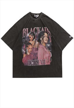 Pop star print t-shirt Y2K Rihanna tee retro top acid black