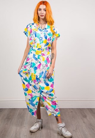 VINTAGE 80'S MULTICOLOUR FLORAL PRINT MIDI DRESS