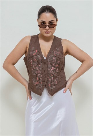 VINTAGE 70S BOHO WESTERN BROWN EMBROIDERED SHORT VEST S/M