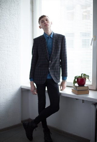 VINTAGE 80'S GREY/BROWN CHECK WOOL BLAZER