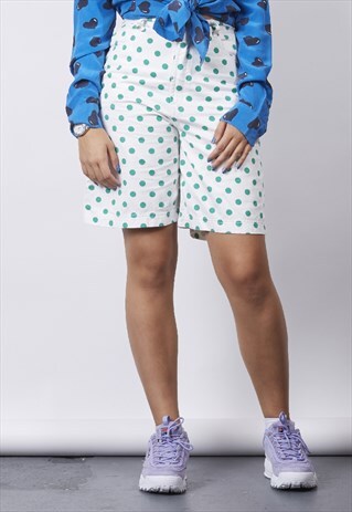 VINTAGE 80'S WHITE/GREEN POLKA DOT PRINT SHORTS