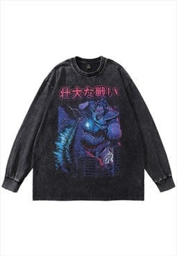 Anime t-shirt vintage wash top Japanese cartoon long tee