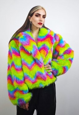 Rainbow faux fur coat cropped striped trench festival bomber