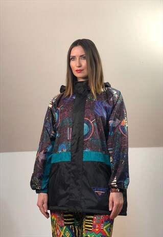 WOMEN SURF NEON WINDBREAKER HOODIE JACKET FRESH VINTAGE 90S