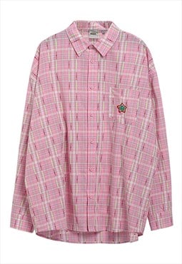 Retro plaid shirt pastel pink 70s style blouse checked top