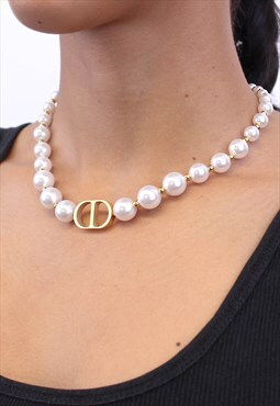 Pearl Necklace 18k Gold Double D Charm Choker 