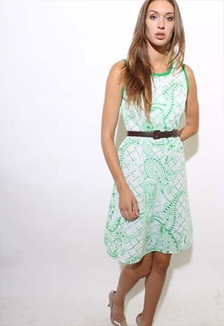 VINTAGE 1960'S 60'S WHITE GREEN PAISLEY MOD SHIFT DRESS M-L