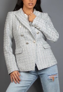Metallic Tweed Check Double Breasted Blazer In Grey