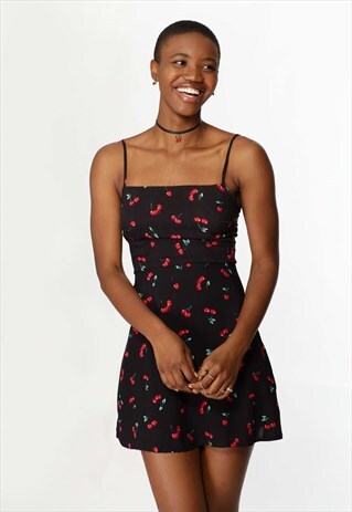 CHERRY PRINT CAMI DRESS BLACK
