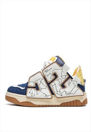 Platform high tops graffiti patch trainers skater shoes blue