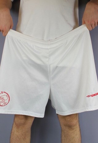 VINTAGE AJAX FC UMBRO SHORTS IN WHITE WITH EMBROIDERED LOGO