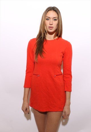 VINTAGE 1980'S 80'S RED ORANGE KNIT MICRO MINI DRESS S-M