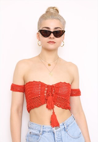 RED CROCHET OFF THE SHOULDER SUMMER FESTIVAL CROP TOP