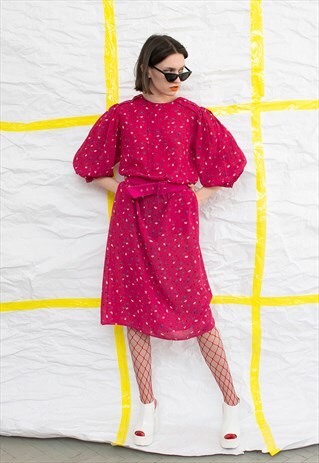VINTAGE PINK BELTED MIDI DRESS