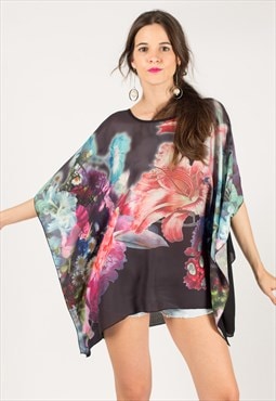 Oversized Kaftan Style Top with Floral Print in Black