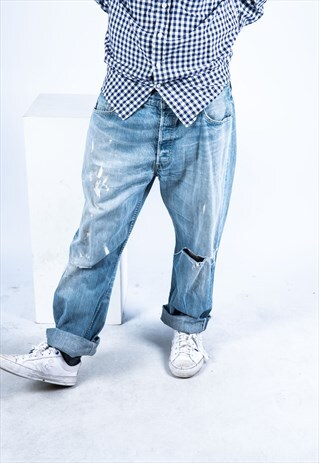 VINTAGE LEVI'S 501 JEANS IN BLUE DENIM WITH RIPS PAINT MARKS