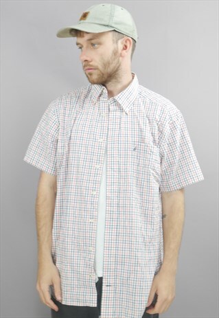 VINTAGE NAUTICA CHECKERED SHIRT IN PEACH & BLUE WITH LOGO